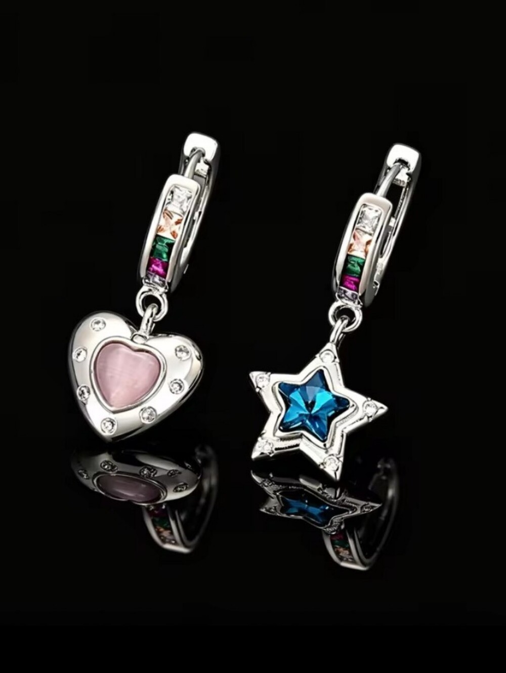Silver Tone Heart & Star Dangle Earrings with Pink and Blue Stones